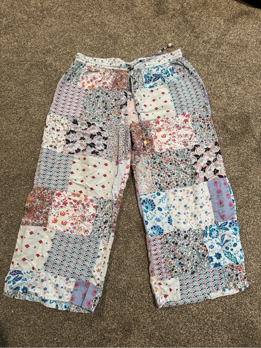 Blue Sky Patchwork Capris in White, Blue, Pink and Coral